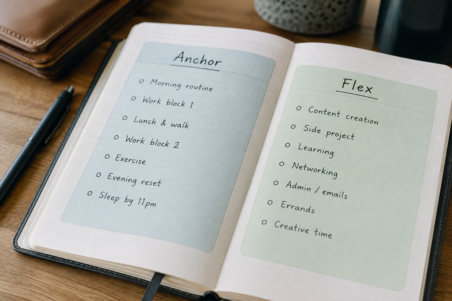Planner page with two clearly color-coded sections labeled for fixed and flexible time
