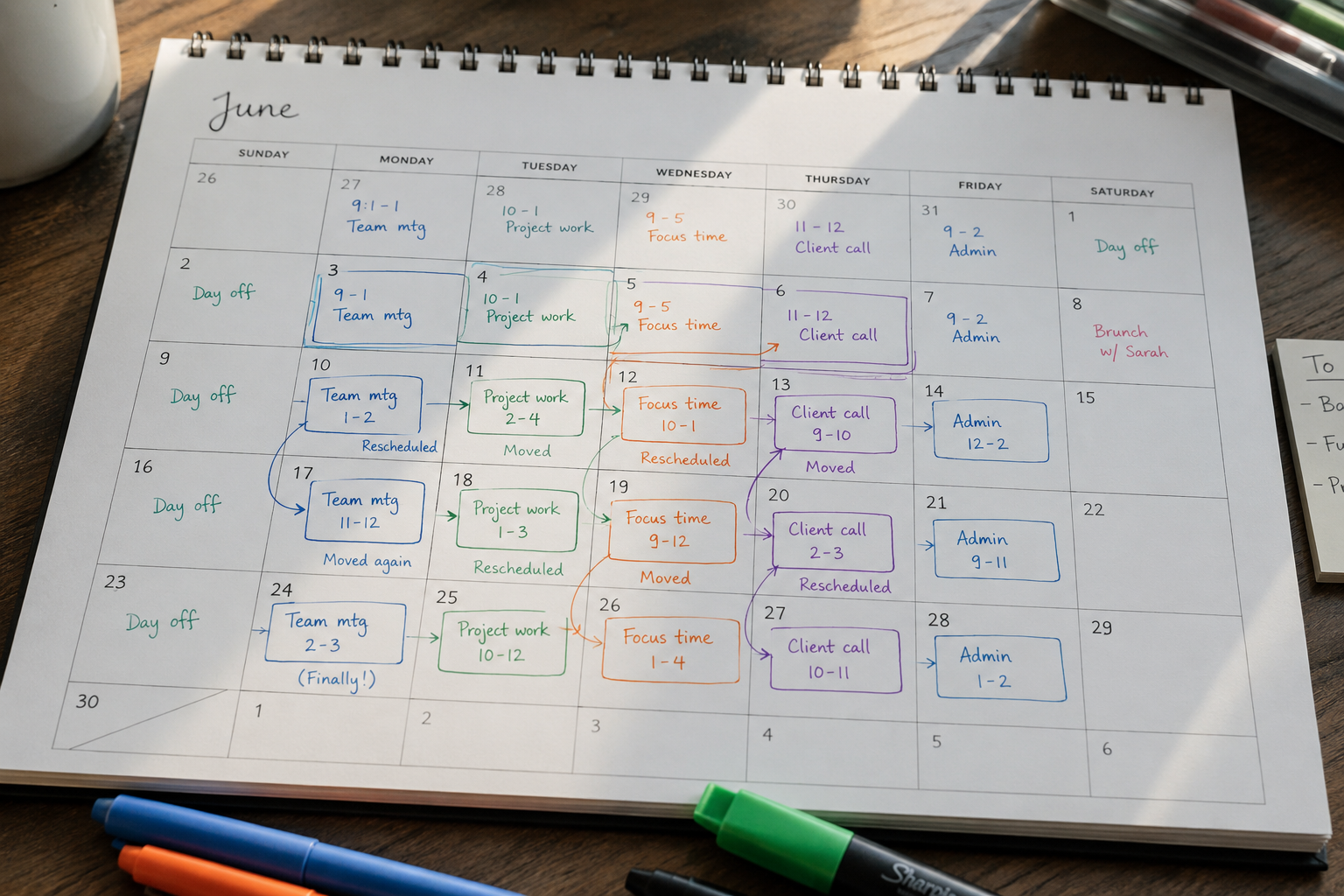 Desk calendar showing a cascading series of rescheduled, overlapping blocks