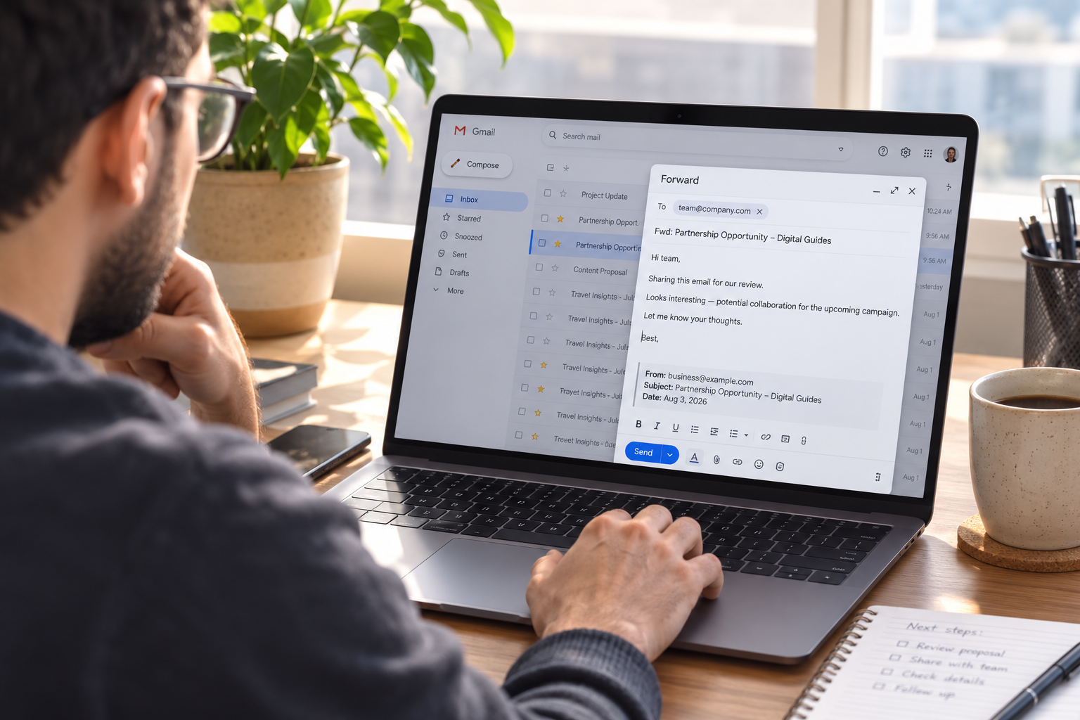 Person forwarding or highlighting an email task on a laptop screen
