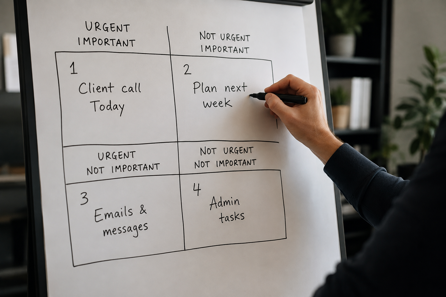 Person filling in a hand-drawn 2x2 priority grid on a whiteboard or notepad