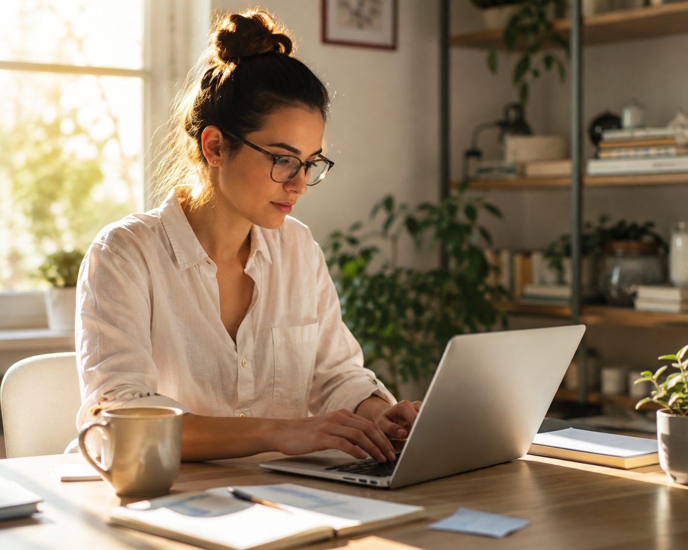 Person working with visible focus and natural morning light at their desk