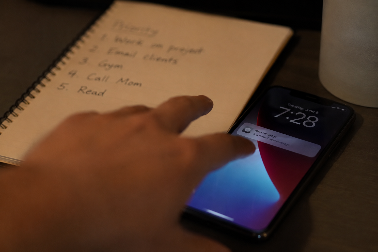 Person's hand reaching for a buzzing phone notification while a written priority list sits nearby, ignored