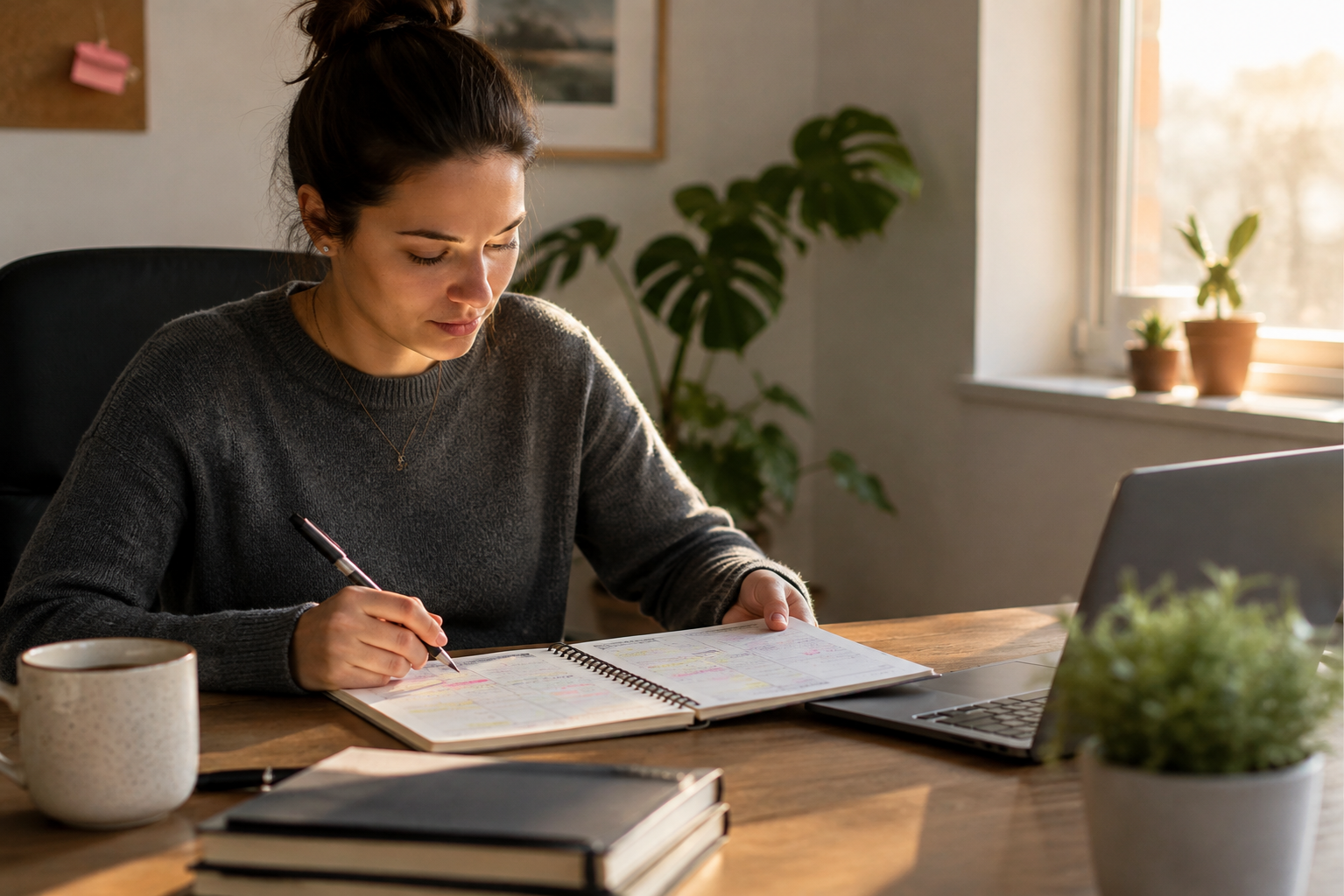 Person reviewing and adjusting their planner midweek with a coffee, calm and focused