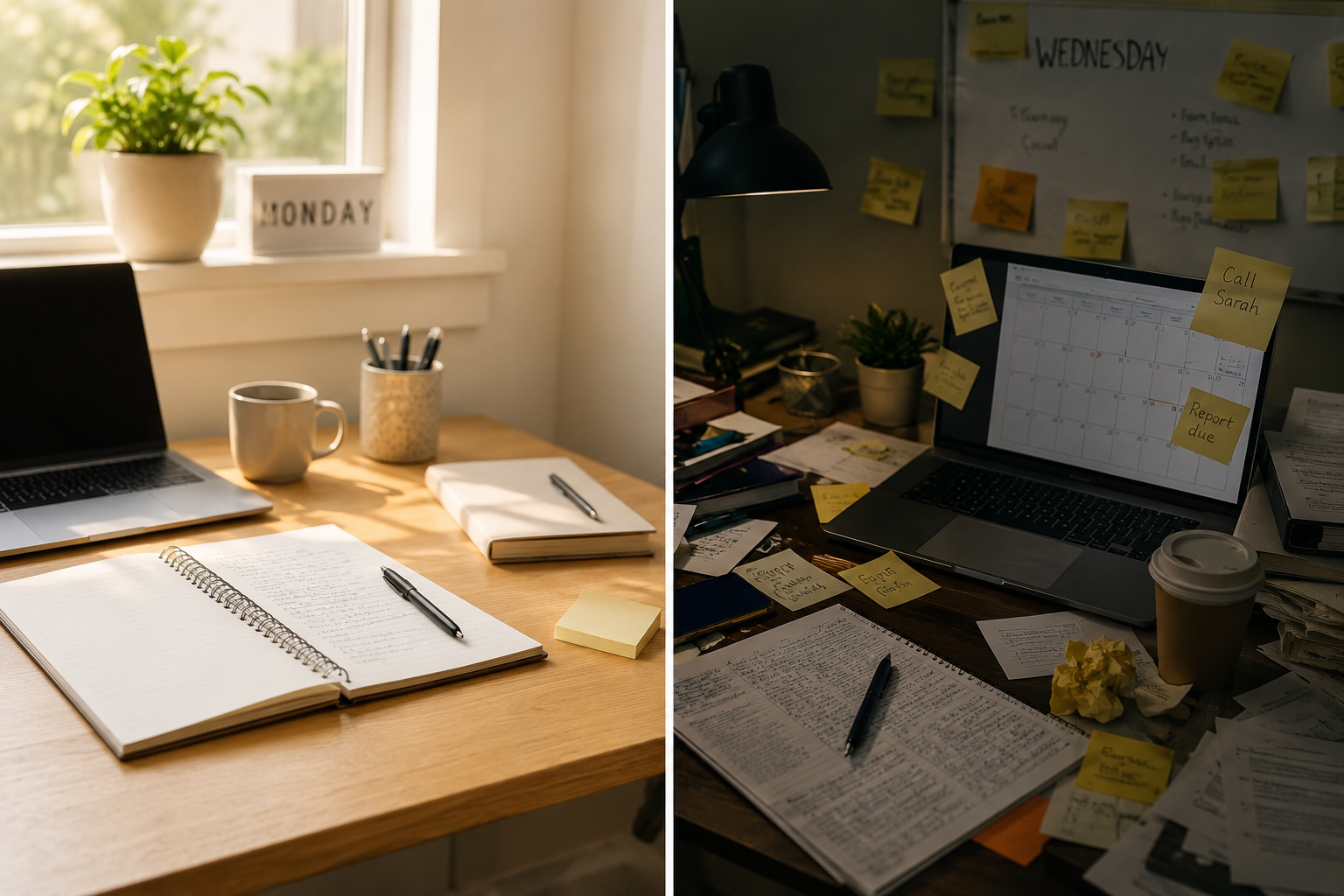 Split desk scene showing a clean planner earlier in the week beside a chaotic one later in the week