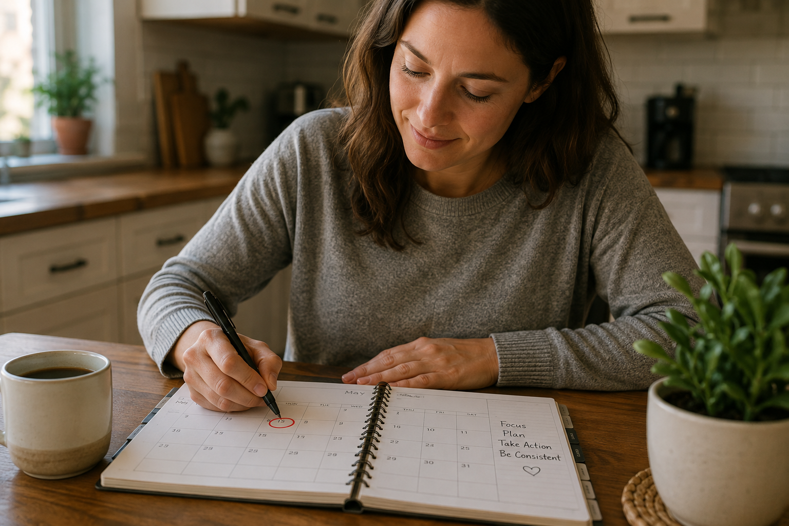 Person circling tomorrow's date in a planner after missing a day