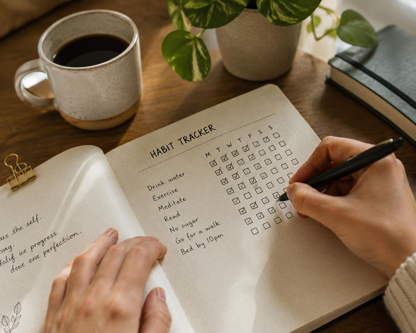 Person reviewing a paper habit tracker journal at a desk in the morning