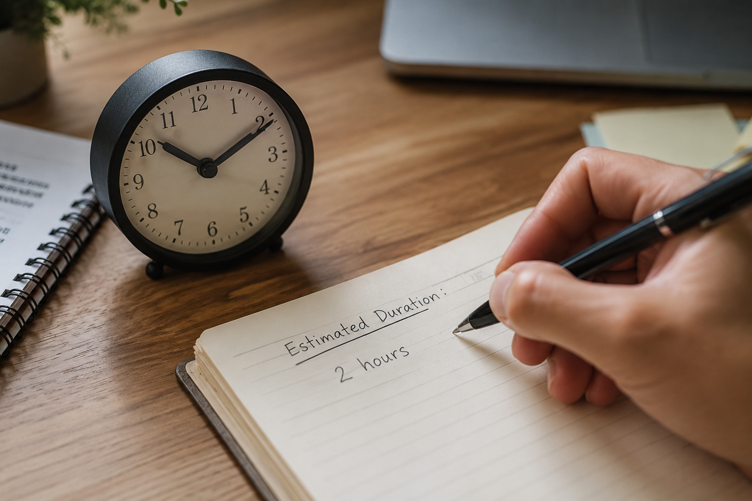 Person writing an estimated task duration next to a desk clock