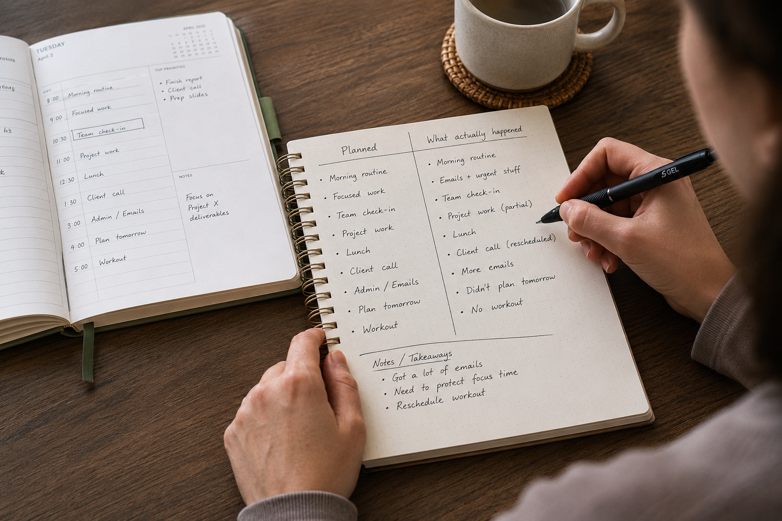 Person writing down how their actual day went in a notebook next to their original plan