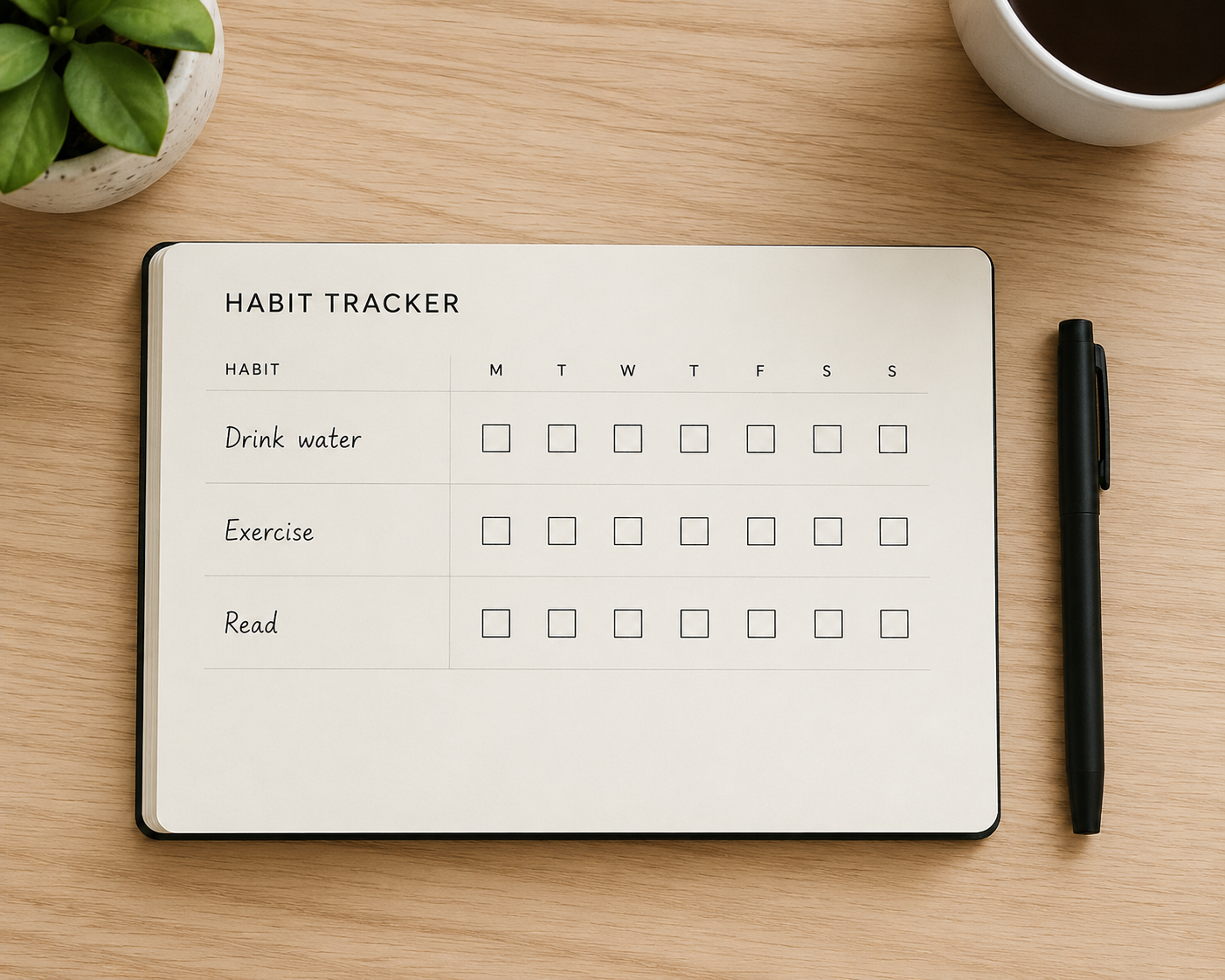 Simplified habit tracker with only three habits listed, on a tidy desk