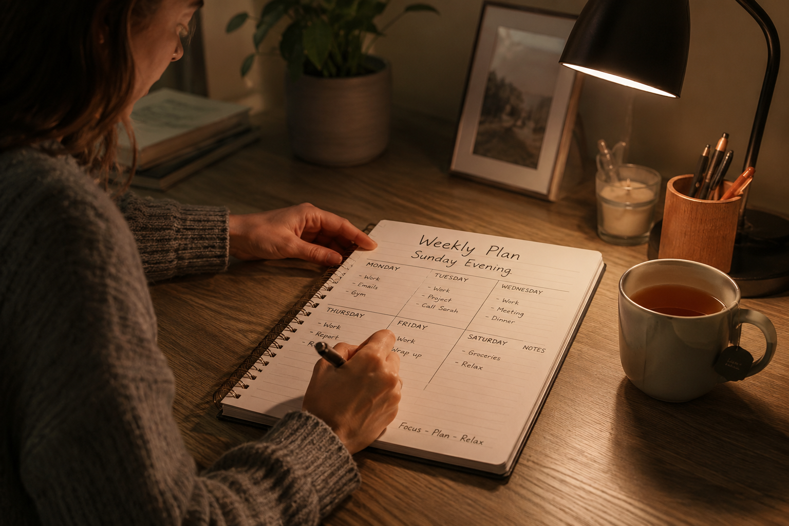 Person calmly writing out a weekly plan on Sunday evening with tea or coffee nearby