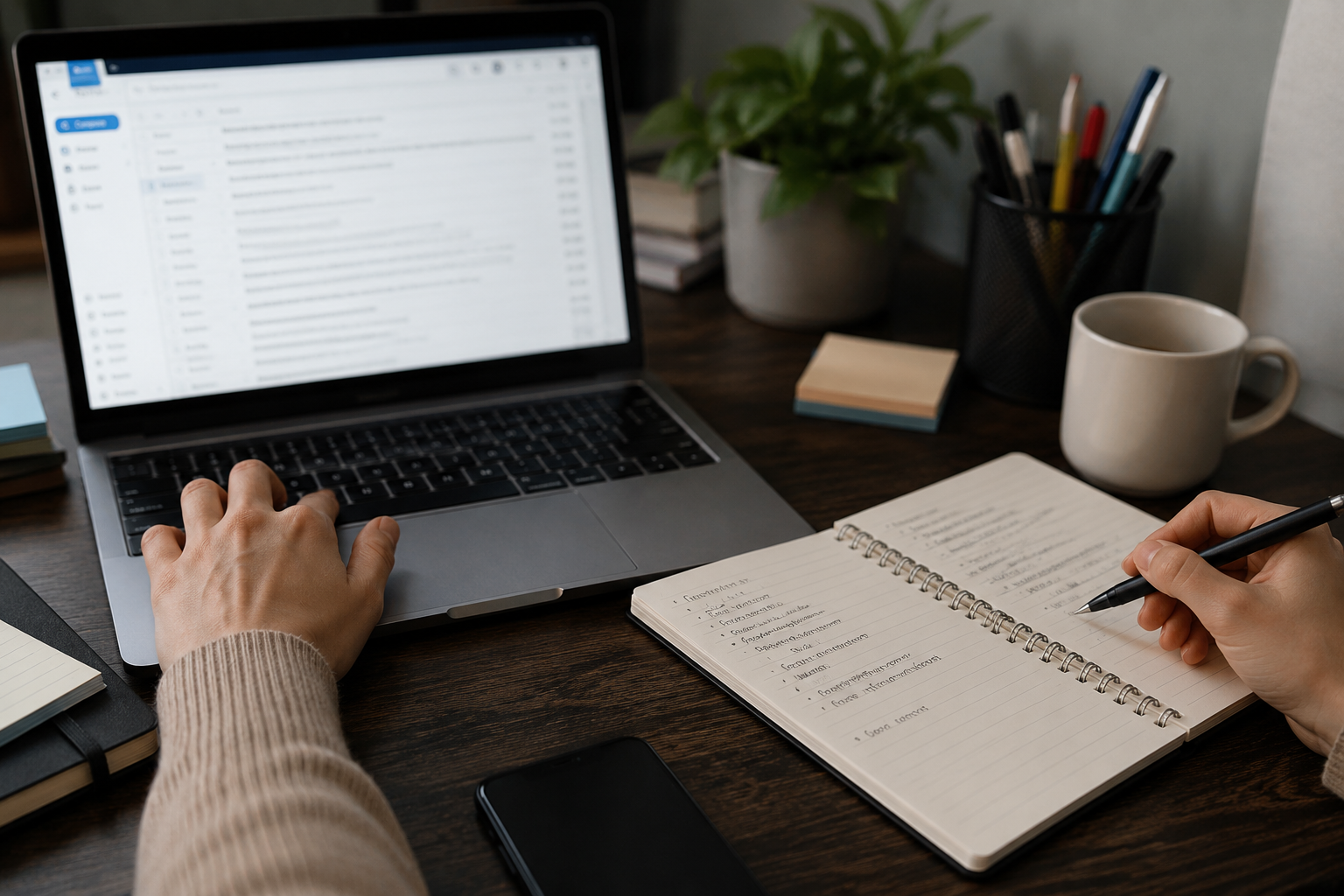 Split desk workspace showing two different open tasks — a laptop and a handwritten notebook