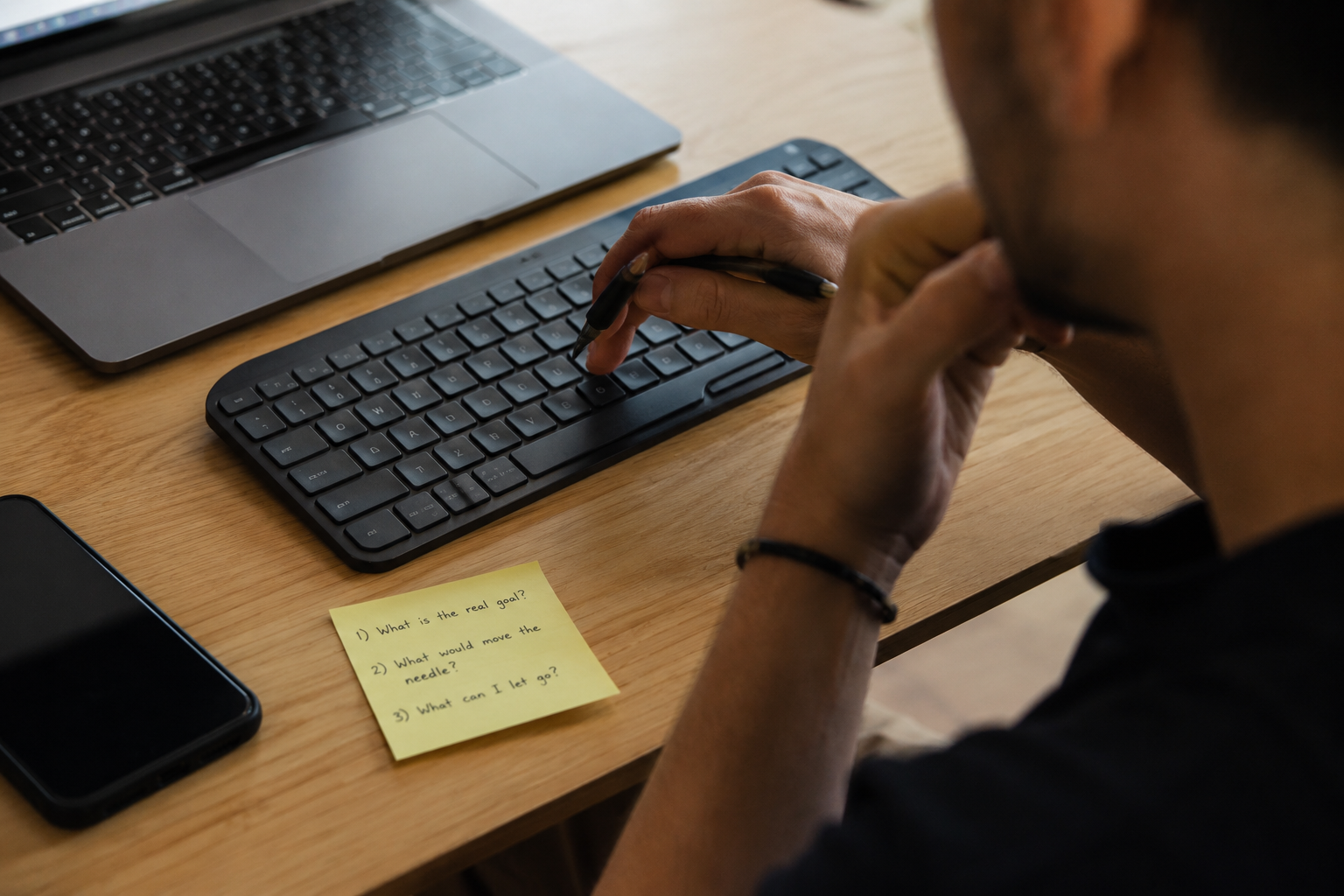 Close-up of a person pausing over a task with a small sticky note listing three questions