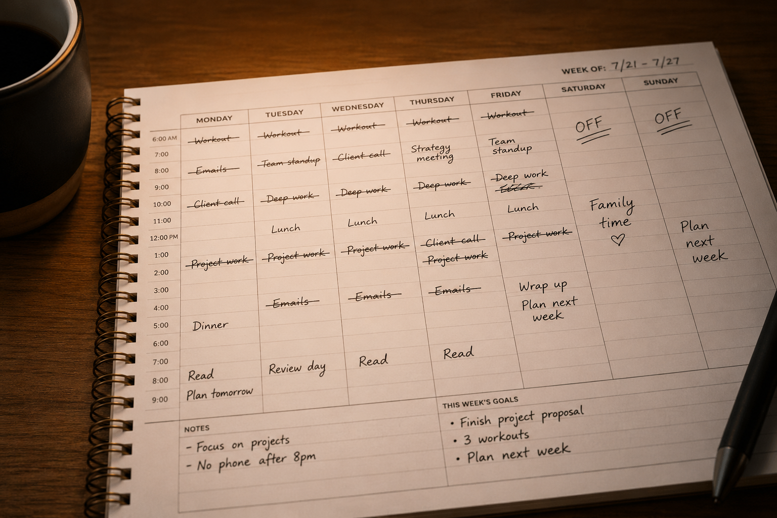 Close-up of a weekly planner with time blocks crossed out and rewritten