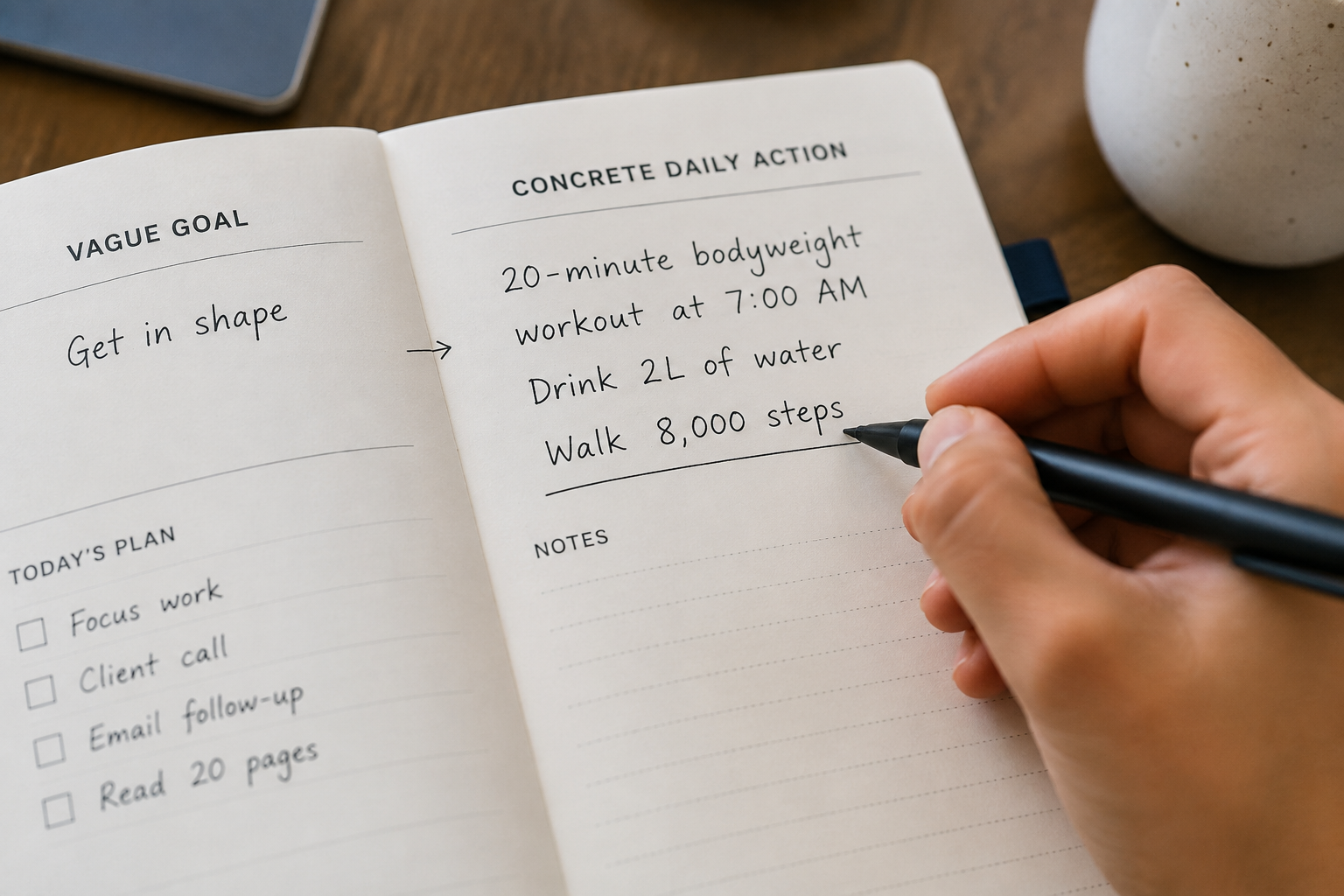 Person writing a specific habit action in a planner instead of a vague goal