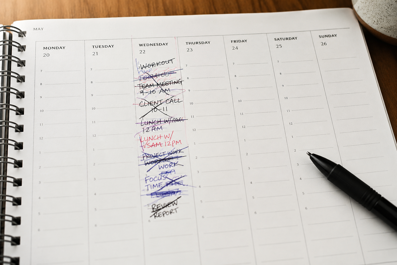 Close-up of a weekly planner page with the Wednesday column crossed out and rewritten multiple times