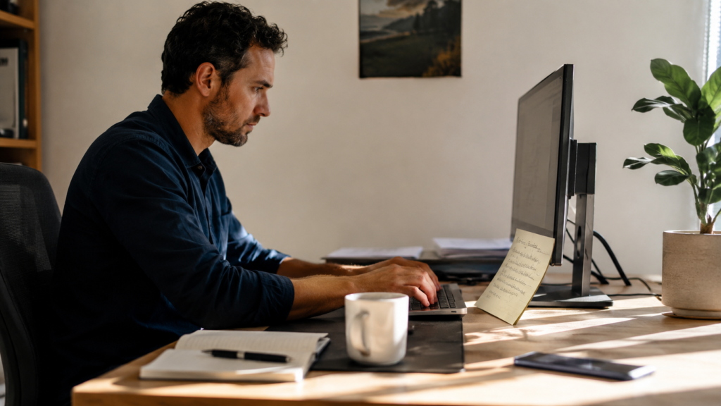 Man reading last night's handwritten plan and starting work immediately with his phone out of reach
