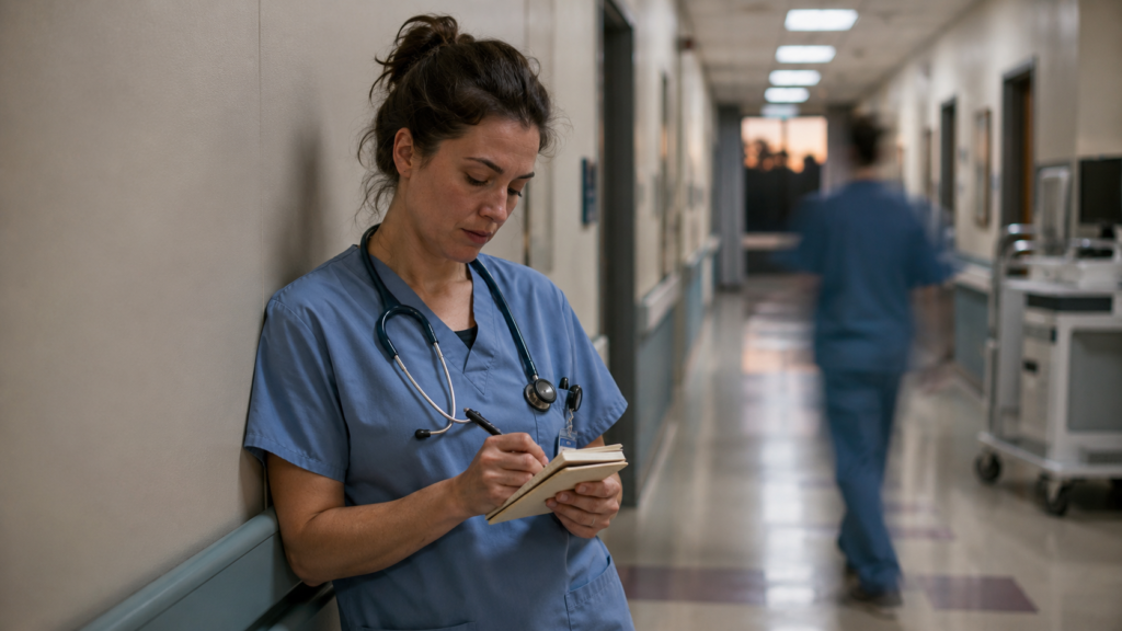Shift worker writing a short next-day plan in a pocket notebook at the end of a hospital shift