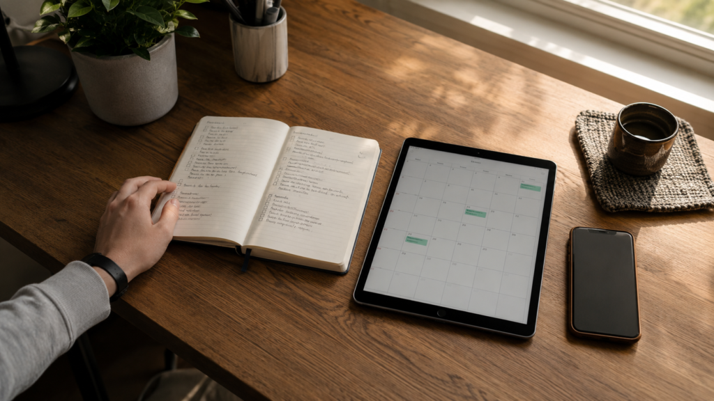 Paper notebook, tablet calendar and face-down phone on a desk as daily planning options