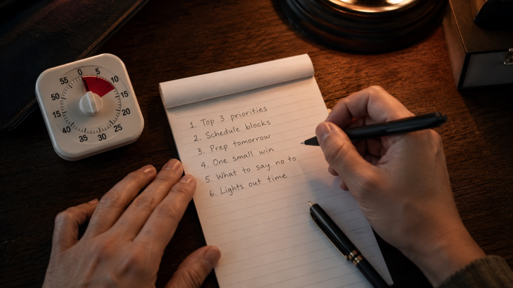 Hands writing a short six-step evening plan on a notepad next to a kitchen timer