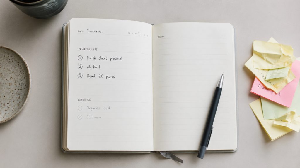 Open planner page showing three priority tasks and two optional tasks for the next day